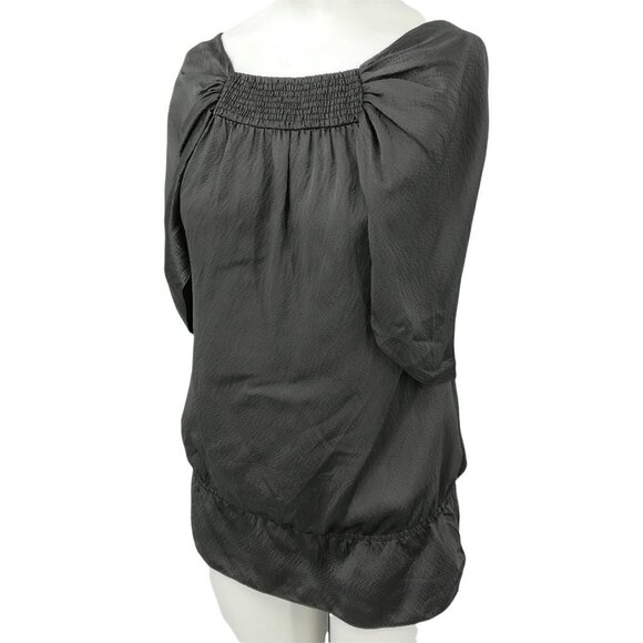 BCBG Max Azria Draped Silk Blouse Size XXS Gray Cape Sleeve Ruched Pleated - Picture 5 of 12